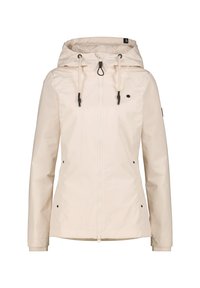 Giacca impermeabile beige chiaro con cappuccio, cordini, zip frontale e dettagli neri. Presenta polsini elasticizzati e due tasche laterali.