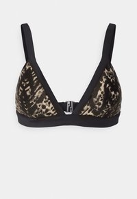 Bralette em triângulo com padrão animal e acentos em preto. Apresenta alças largas e um fecho frontal. Tecido suave com um brilho subtil.