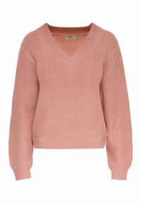 Sweter z dekoltem w serek w miękkim różowym kolorze. Posiada długie rękawy, ściągacze na mankietach i u dołu. Teksturowany, luźny krój z subtelną metką marki z boku.