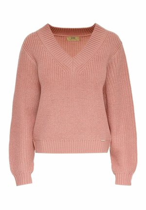 Sweter z dekoltem w serek w miękkim różowym kolorze. Posiada długie rękawy, ściągacze na mankietach i u dołu. Teksturowany, luźny krój z subtelną metką marki z boku.