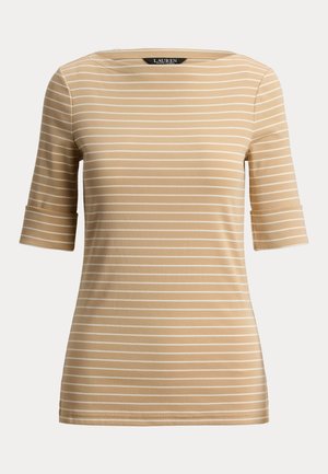 Lauren Ralph Lauren, STRIPED STRETCH COTTON BOATNECK TEE - Printtipaita - birch tan/mascarpone cream