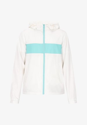 White lightweight jacket with a turquoise horizontal stripe across the chest, full front zipper, and adjustable hood with cord.