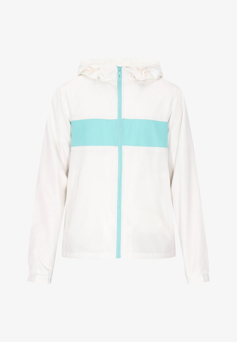 Valkoinen kevyt takki, jossa on turkoosi vaakasuora raita rinnan kohdalla, täysi vetoketju edessä ja säädettävä huppu narulla.