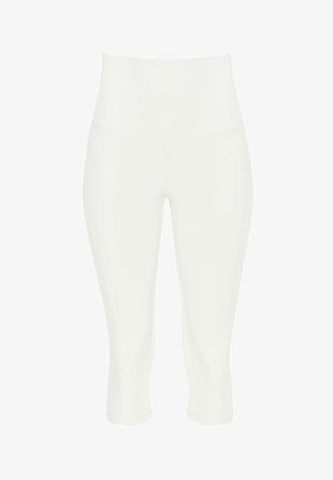 Hochgeschnittene weiße Cropped-Leggings mit enger Passform und nahtlosem Design, geeignet für Sportbekleidung oder den Freizeitgebrauch.