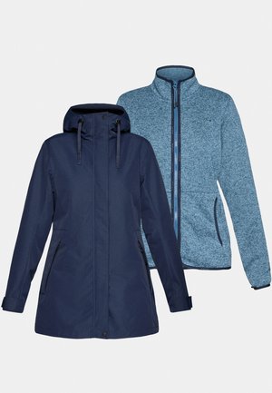 Marine vanntett jakke med snorhette og to sidelommer; blå teksturert zip-up fleecejakke vist bak.