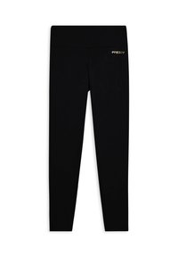 Leggings neri realizzati in tessuto elasticizzato con una texture liscia. Presentano una vita ampia e un piccolo logo dorato "FREDDY" sul lato.