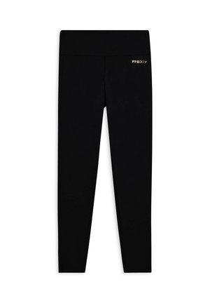 Leggings neri realizzati in tessuto elasticizzato con una texture liscia. Presentano una vita ampia e un piccolo logo dorato "FREDDY" sul lato.