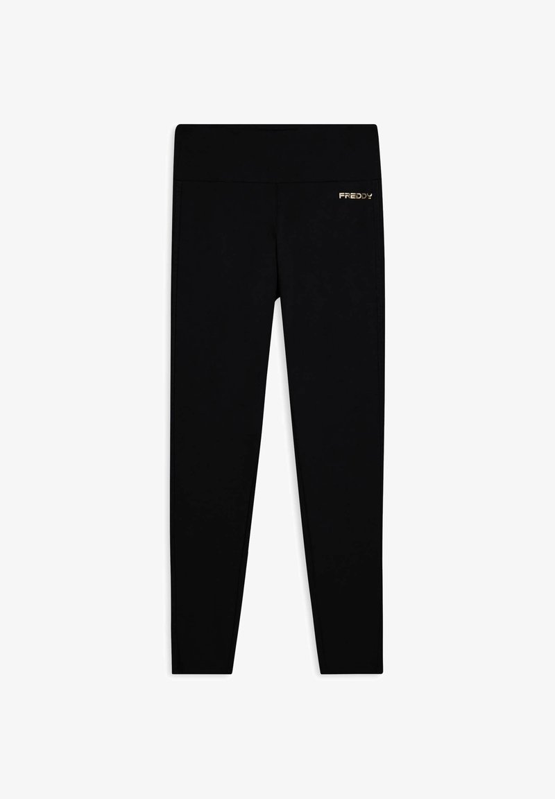 Leggings neri realizzati in tessuto elasticizzato con una texture liscia. Presentano una vita ampia e un piccolo logo dorato "FREDDY" sul lato.