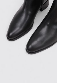 Botas de tobillo de cuero negro con punta afilada y tacón bajo. Textura suave y diseño minimalista, con costuras a lo largo de los bordes.