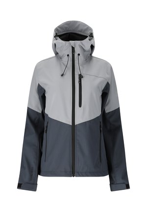 Tofarvet grå og mørkegrå hættejakke, vandtæt, med fuld lynlås foran, lynlåslomme på brystet og justerbare manchetter.