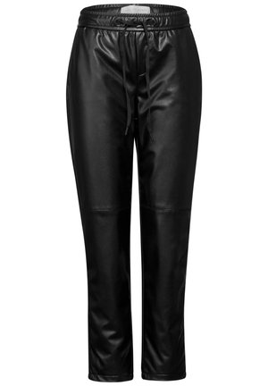 Black faux leather jogger pants with an elastic waistband, adjustable drawstring, and side pockets. Smooth texture, tapered legs.