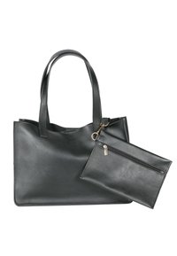 Czarna skórzana torba tote z dwoma uchwytami i odpinaną kieszenią na zamek. Gładka faktura, prostokątny kształt, minimalistyczny design.