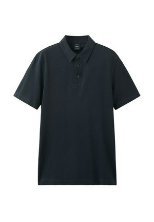 Črna polo majica s kratkimi rokavi, tremi gumbi in klasičnim ovratnikom, prikazana na belem ozadju.