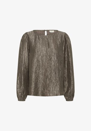 Metallic olive green blouse with long puff sleeves, round neck, and keyhole back detail. Textured fabric with a crinkled appearance.