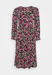 Schwarzes langärmeliges Midi-Kleid mit rosa und rotem Blumenmuster, geraffter Taille und leicht gepufften Schultern.