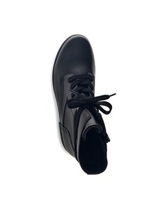 Botín negro de cuero hasta el tobillo con cordones en la parte delantera, punta redonda, textura suave, cremallera lateral y collarín acolchado para mayor comodidad.
