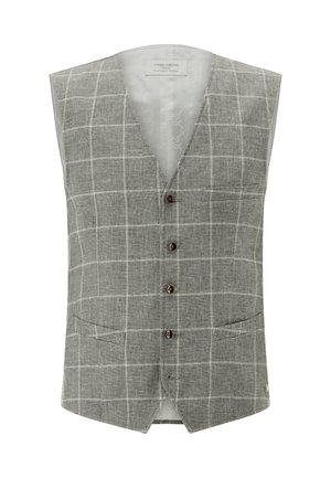 Grey checkered men's waistcoat with four buttons, two front pockets, and a V-neck collar, labeled Carl Gross Concept Green.