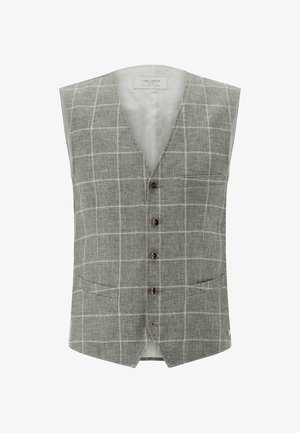Grey checkered men's waistcoat with four buttons, two front pockets, and a V-neck collar, labeled Carl Gross Concept Green.