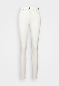 Vaqueros skinnies de mezclilla blanca con cinco bolsillos, cremallera en la bragueta y un solo botón de metal en la cintura. Textura suave con costuras mínimas.