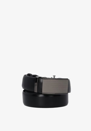 Schwarzer Ledergürtel mit einer gebürsteten Metallschnalle in rechteckiger Form und sicherem Verschlussmechanismus. Glatte Oberfläche.