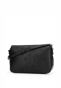 Zwarte leren schoudertas met een gestructureerd oppervlak, voorzien van geperste patronen en een afneembare band, bovenaan gesloten met een ritssluiting.