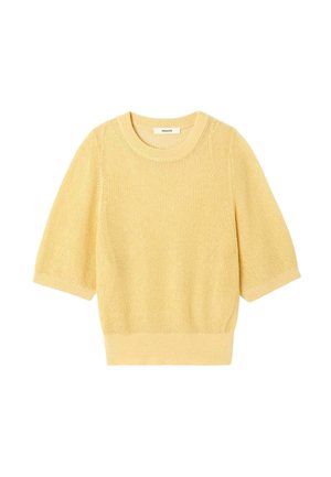 Pull tricoté jaune clair à manches courtes avec encolure ronde et ourlets côtelés aux poignets et à la base, présentant un tissu doux et texturé.