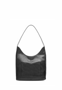 Czarna skórzana torba hobo o gładkiej teksturze, zakrzywionym kształcie i przedniej kieszeni. Posiada jeden pasek na ramię.