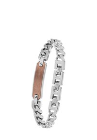 Pulsera de acero inoxidable con un acento en oro rosa. Presenta eslabones de cadena entrelazados y un panel central texturizado con detalles grabados.