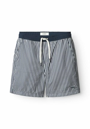 Uimashortsit, joissa on merimies- ja valkoisia raitoja, joustava vyötärö, säädettävä naru ja sivutaskut. Valmistettu kevyestä materiaalista.