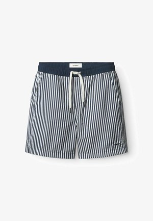 Marineblauwe en witte gestreepte zwembroek met een elastische tailleband, verstelbaar trekkoord en zijzakken. Gemaakt van lichtgewicht materiaal.