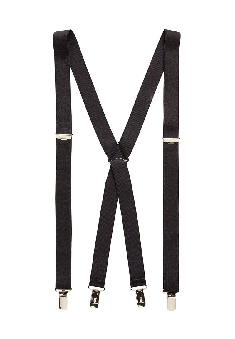Tirantes elásticos negros con clips metálicos plateados, que cuentan con un diseño en forma de Y y textura suave. Se ajustan fácilmente para un mejor calce.