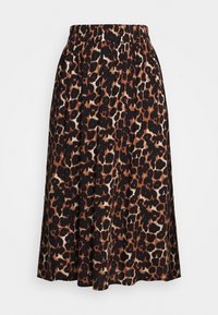 En knä-lång kjol har en djärv leopardmönstring i brunt och svart med ett elastiskt midjeband, vilket visar upp ett stiligt och lekfullt mönster.