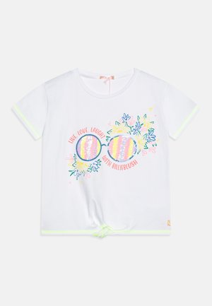 Weißes Kurzarmshirt mit bunten Pailletten-Sonnenbrillen und Blumendruck, mit dem Aufdruck „Live, Love, Laugh with Billieblush“ und geknotetem Saum.