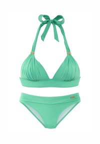 Mint green bikini set with a halter neck top featuring gathered details and gold hardware. Bottoms have a gathered waistband and moderate coverage.