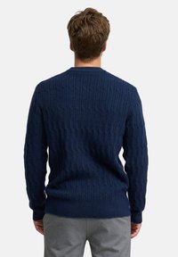 Muž v námornícky modrom svetri s vrkočovým vzorom, pohľad zozadu, sivé nohavice na jednoduchom bielom pozadí.