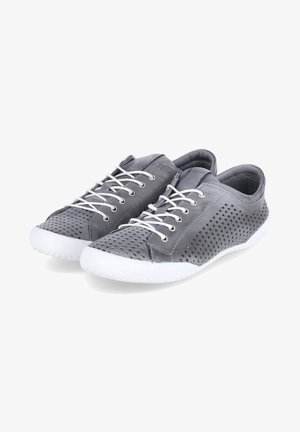 Gray leather sneakers with perforated sides, white rubber soles, and contrasting white laces. Rounded toe and low-profile design.