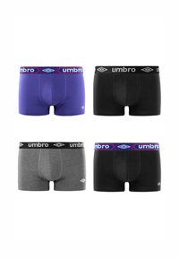 Quatre paires de boxers pour hommes : violet, noir, gris et noir. Chaque modèle présente une ceinture élastique avec le logo "Umbro" et un design géométrique.