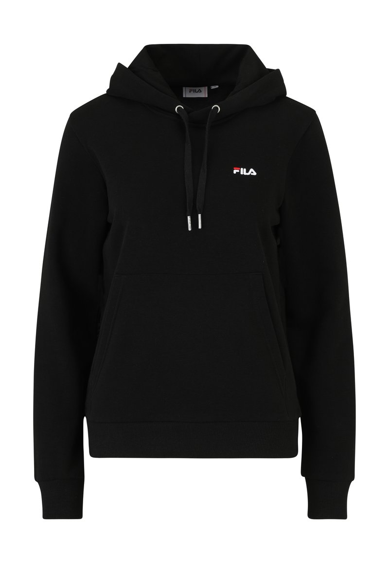 Felpa nera in fleece con tasca a marsupio, cappuccio con cordino e logo Fila rosso e bianco sul petto. Polsini e orlo a coste.