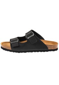 Sandal nero a infilare con due cinturini regolabili a fibbia, suola intermedia in sughero e suola esterna in gomma testurizzata per una presa ottimale. Design leggero.