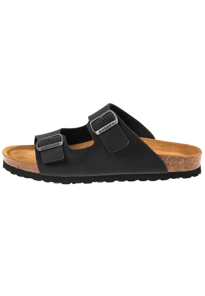 Sandal nero a infilare con due cinturini regolabili a fibbia, suola intermedia in sughero e suola esterna in gomma testurizzata per una presa ottimale. Design leggero.