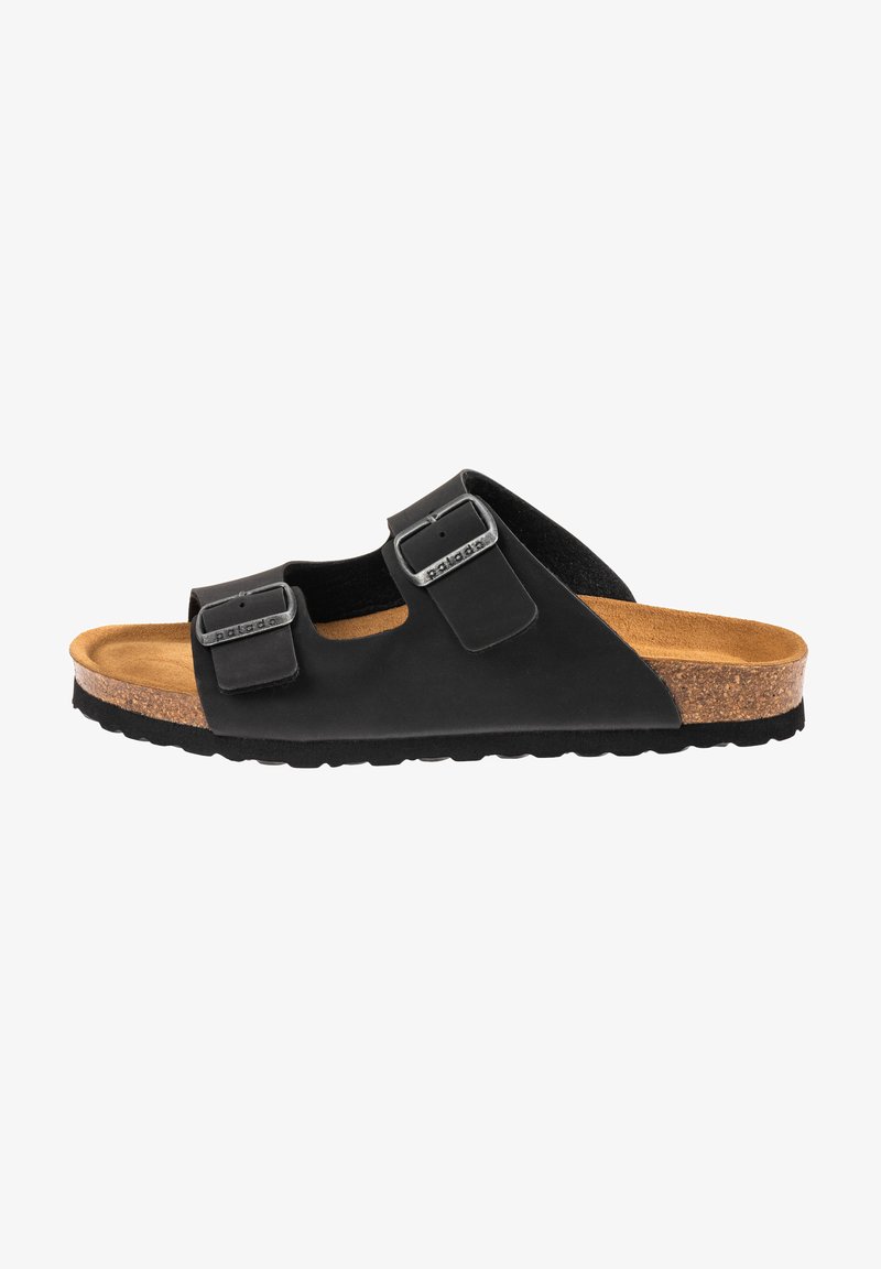 Sandal nero a infilare con due cinturini regolabili a fibbia, suola intermedia in sughero e suola esterna in gomma testurizzata per una presa ottimale. Design leggero.