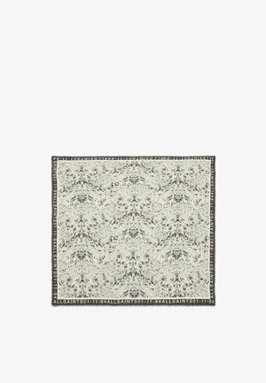 Rectangular light gray scarf with a black speckled pattern and black border featuring repeated white "ALLSAINTS 01-11-94" text.