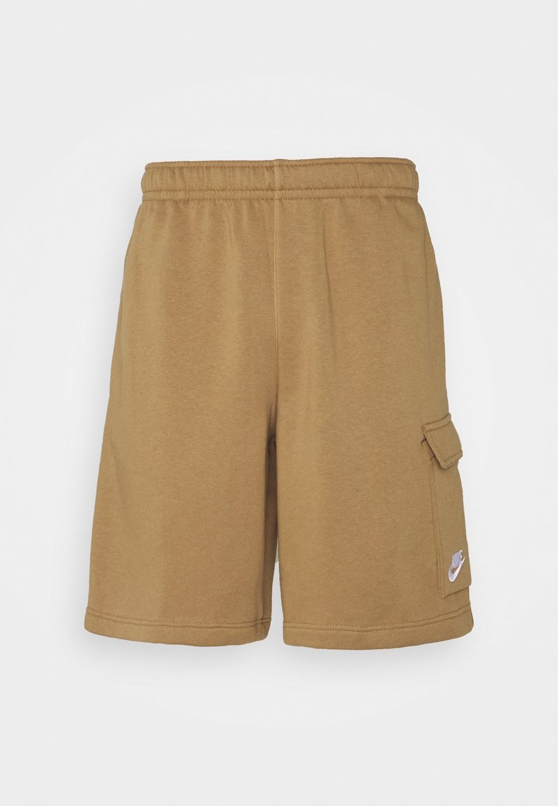 Shorts en coton marron avec une taille élastique, une poche cargo sur le côté et un petit logo Nike blanc sur le bas à droite.