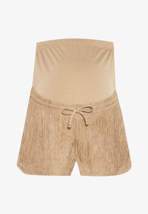 Pantaloni scurți bej cu un talie elastică, detaliu cu șnur și material texturat cu un model de dungi verticale.