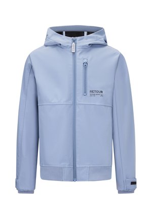 Giacca azzurro chiaro con cappuccio, cerniera frontale, tasca con cerniera sul petto e logo "RETOUR" sul petto, progettata per bambini.