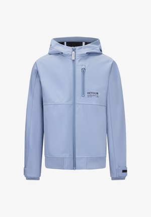 Giacca azzurro chiaro con cappuccio, cerniera frontale, tasca con cerniera sul petto e logo "RETOUR" sul petto, progettata per bambini.
