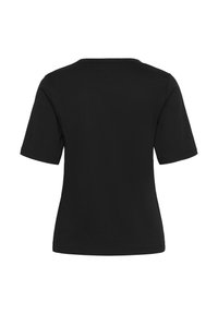 T-shirt nera a maniche corte in cotone, con colletto a girocollo e una texture liscia, con un design sul retro semplice.