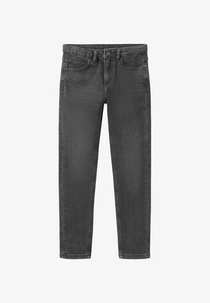 Tamno sive uske traperice s prednjim gumbom, patentnim zatvaračem, prorezima za remen i dizajnom s pet džepova na bijeloj pozadini.