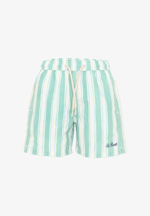 Short de bain à rayures verticales vert clair et blanc avec des accents bleus, taille à cordon, poches latérales, et "St. Barth" brodé sur la jambe.