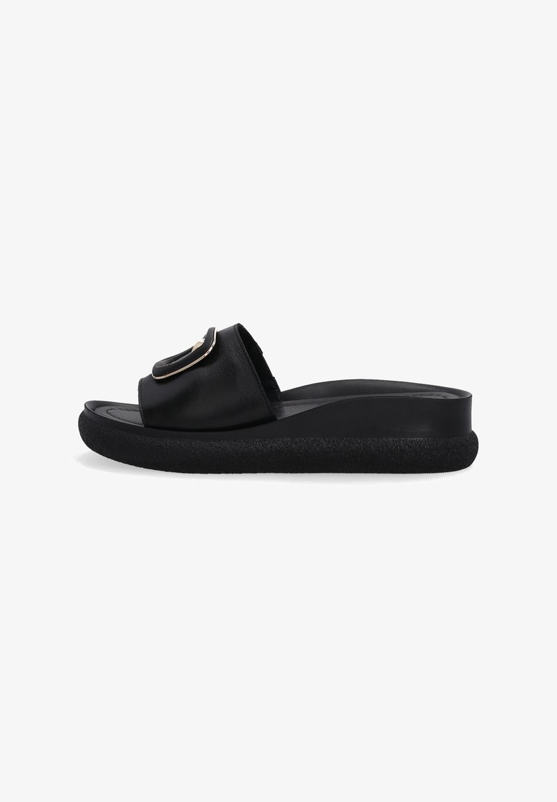 Black leather slide sandals with a textured sole, featuring a gold-tone accent on the strap and a low, rounded design.
